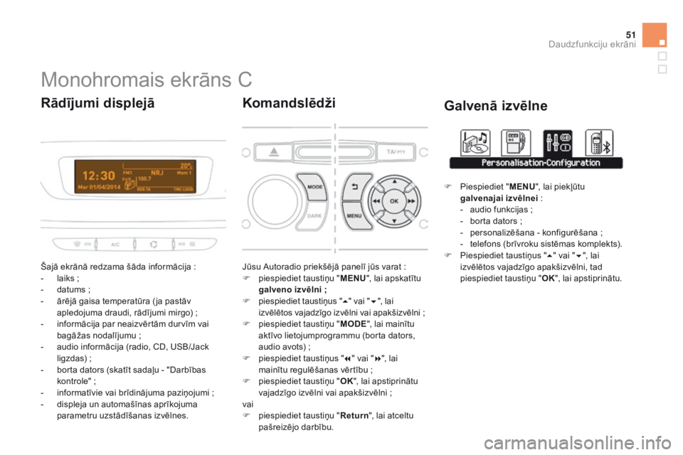 CITROEN DS3 CABRIO 2015  Lietošanas Instrukcija (in Latvian) 51
DS3_lv_Chap02_ecrans-multifonction_ed01-2014
Monohromais ekrāns C
Šajā ekrānā redzama šāda informācija :
-  l aiks   ;
-
 
d
 atums   ;
-
 
ā
 rējā gaisa temperatūra ( ja pastāv 
apled