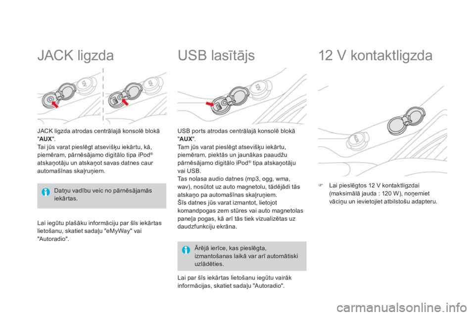 CITROEN DS3 CABRIO 2014  Lietošanas Instrukcija (in Latvian)    
 
 
 
 
 
JACK ligzda 
JACK ligzda atrodas centrālajā konsolē blokā
"AUX".
Ta i  jūs varat pieslēgt atsevišķu iekārtu, kā,piemēram, pārnēsājamo digitālo tipa iPod ®
atskaņotāju u