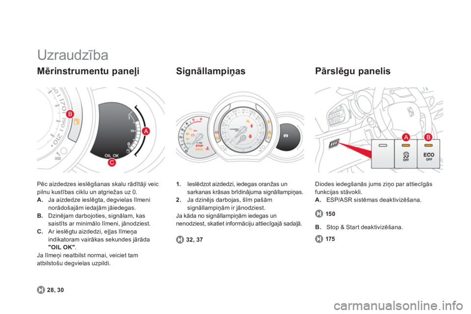 CITROEN DS3 CABRIO 2014  Lietošanas Instrukcija (in Latvian)   Uzraudzība 
Pēc aizdedzes ieslēgšanas skalu rādītāji veicpilnu kustības ciklu un atgriežas uz 0.A. 
 Ja aizdedze ieslēgta, degvielas līmeninorādošajām iedaļām jāiedegas. B.Dzinējam