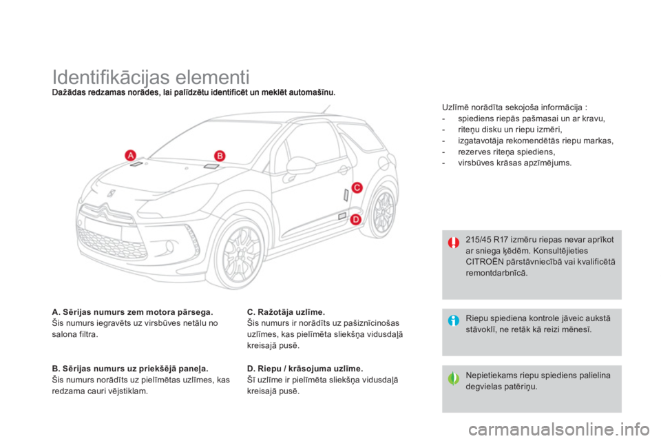 CITROEN DS3 CABRIO 2014  Lietošanas Instrukcija (in Latvian)    
 
 
 
 
 
 
 
 
 
 
 
 
 
 
 
 
Identiﬁ kācijas elementi 
A. Sērijas numurs zem motora pārsega.Šis numurs iegravēts uz virsbūves netālu nosalona filtra. 
B. Sērijas numurs uz priekšēj