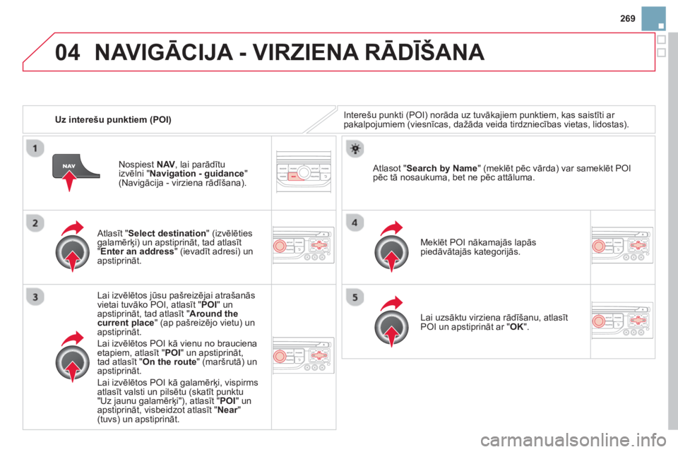 CITROEN DS3 CABRIO 2014  Lietošanas Instrukcija (in Latvian) 269
04
   
 
Uz interešu punktiem (POI)
NAVIGĀCIJA - VIRZIENA RĀDĪŠANA 
Interešu punkti (POI) norāda uz tuvākajiem punktiem, kas saistīti ar pakalpojumiem (viesnīcas, dažāda veida tirdznie