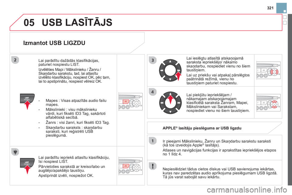 CITROEN DS3 CABRIO 2014  Lietošanas Instrukcija (in Latvian) 321
05
   
Izmantot USB LIGZDU 
 
 
Lai parādītu iepriekš atlasītu klasiﬁ kāciju, īsi nospiest LIST.
  Pārvietoties sarakstā ar kreiso
/labo un
augšējo/apakšējo taustiņu.
 
Apstiprināt
