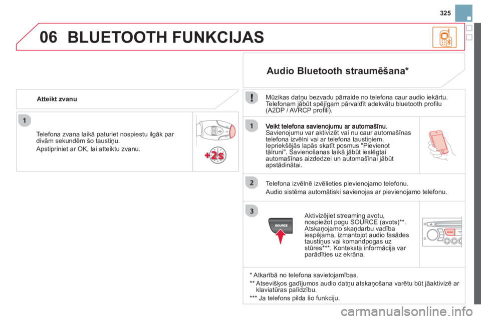 CITROEN DS3 CABRIO 2014  Lietošanas Instrukcija (in Latvian) 325
06
Savienojumu var aktivizēt vai nu caur automašīnas 
telefona izvēlni vai ar telefona taustiņiem. 
Iepriekšējās lapās skatīt posmus "Pievienot
tālruni". 
Savienošanas laikā jābūt i