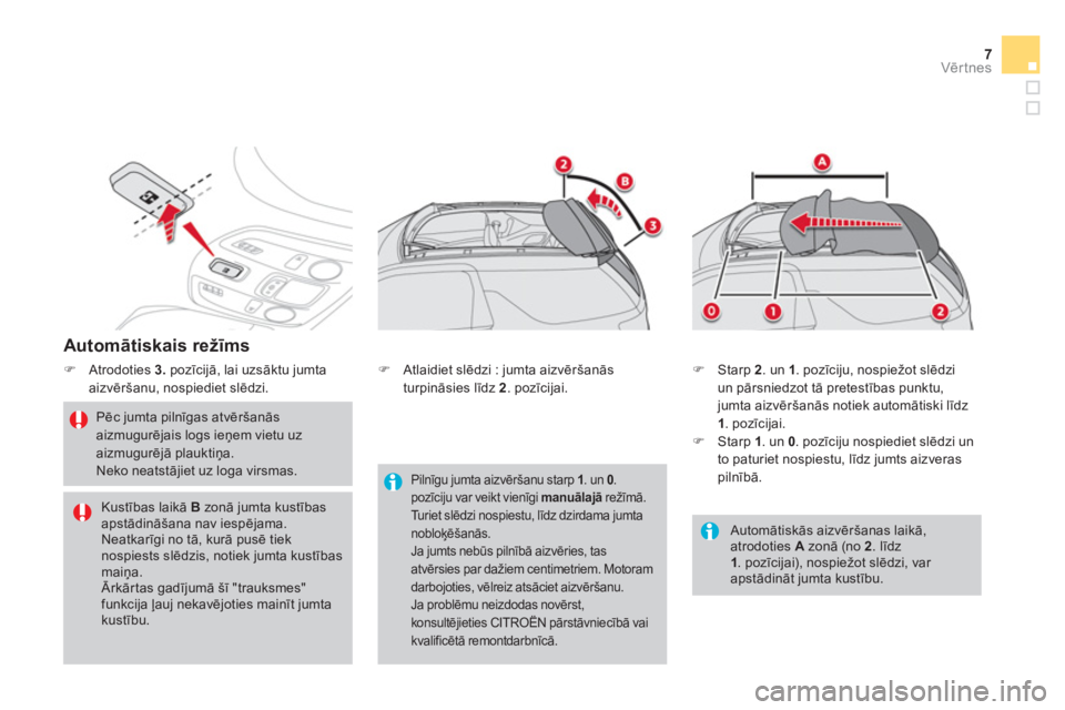 CITROEN DS3 CABRIO 2014  Lietošanas Instrukcija (in Latvian) 7Vērtnes
 
 
Automātiskais režīms 
 
 
 
�) 
 Atrodoties  3. 
 pozīcijā, lai uzsāktu jumta 
aizvēršanu, nospiediet slēdzi. 
   
Pēc jumta pilnīgas atvēršanās 
aizmugurējais logs ieņem