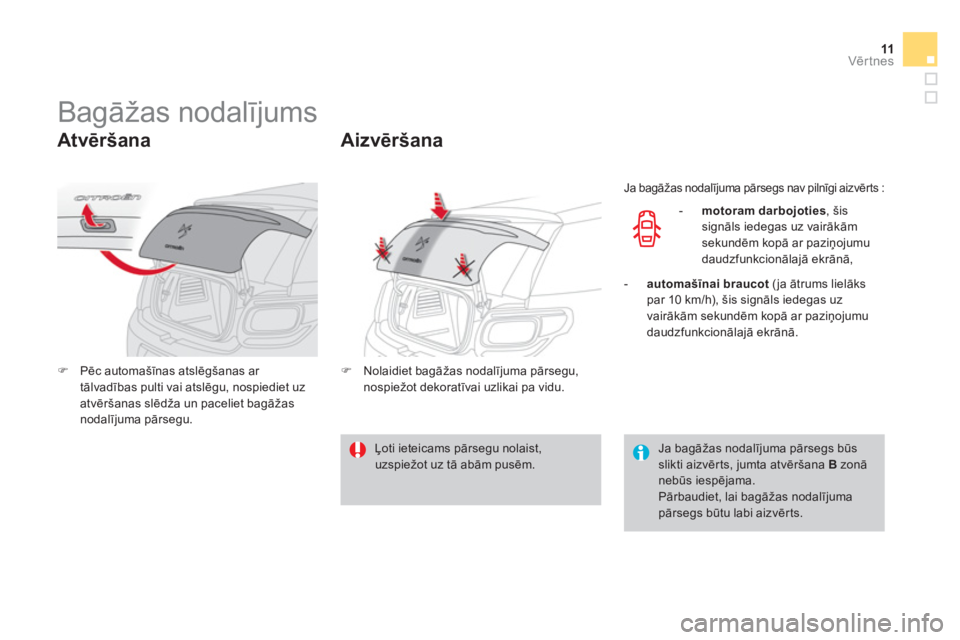 CITROEN DS3 CABRIO 2014  Lietošanas Instrukcija (in Latvian) 11Vērtnes
 
 
 
 
 
 
 
 
 
 
 
 
Bagāžas nodalījums 
 
 
Atvēršana 
 
 
 
�) 
 Pēc automašīnas atslēgšanas ar 
tālvadības pulti vai atslēgu, nospiediet uz 
atvēršanas slēdža un pace