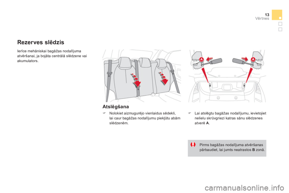 CITROEN DS3 CABRIO 2014  Lietošanas Instrukcija (in Latvian) 13Vērtnes
 
Ierīce mehāniskai bagāžas nodalījuma 
atvēršanai, ja bojāta centrālā slēdzene vai 
akumulators. 
   
Atslēgšana 
 
 
 
 
 
 
 
Rezerves slēdzis 
 
 
�) 
 Lai atslēgtu bagā