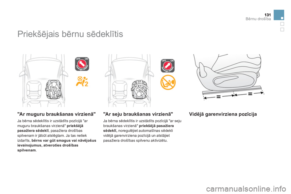 CITROEN DS3 CABRIO 2013  Lietošanas Instrukcija (in Latvian) Bērnu drošība
 
Priekšējais bērnu sēdeklītis  
 
 
"A r  m uguru braukšanas virzienā"
 
Ja bērna sēdeklītis ir uzstādīts pozīcijā "ar muguru braukšanas virzienā"  priekšēj—pasa
