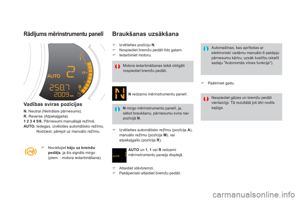 CITROEN DS3 CABRIO 2013  Lietošanas Instrukcija (in Latvian) Rādījums mērinstrumentu panelī 
Vadības sviras pozīcijas
N. 
 Neutral (Neitrālais pārnesums). R.Reverse (Atpakaļgaita). 1 2 3 4 5/6. 
 Pārnesumi manuālajā režīmā.AUTO. 
  Iedegas, izvē