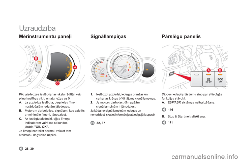 CITROEN DS3 CABRIO 2013  Lietošanas Instrukcija (in Latvian)   Uzraudzība 
Pēc aizdedzes ieslēgšanas skalu rādītāji veicpilnu kustības ciklu un atgriežas uz 0.A. 
 Ja aizdedze ieslēgta, degvielas līmeninorādošajām iedaļām jāiedegas. B.Motoram d