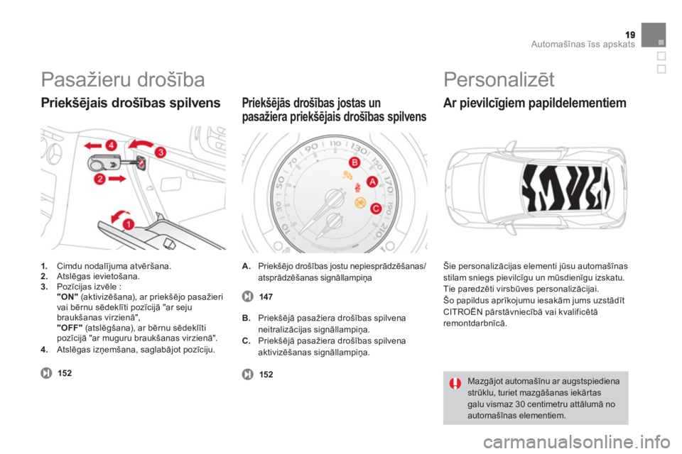CITROEN DS3 CABRIO 2013 Lietošanas Instrukcija (in Latvian) Automašīnas īss apskats
Pasažieru drošība
1.
Cimdu nodalījuma atvēršana.2.Atslēgas ievietošana. 3.Pozīcijas izvēle : "ON"(aktivizēšana), ar priekšējo pasažieri
vai bērnu sēd CITROEN DS3 CABRIO 2013 Lietošanas Instrukcija (in Latvian) Automašīnas īss apskats
Pasažieru drošība
1.
Cimdu nodalījuma atvēršana.2.Atslēgas ievietošana. 3.Pozīcijas izvēle : "ON"(aktivizēšana), ar priekšējo pasažieri
vai bērnu sēd