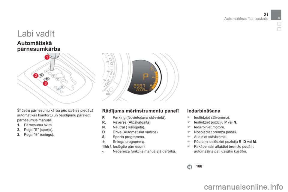 CITROEN DS3 CABRIO 2013 Lietošanas Instrukcija (in Latvian) 21Automašīnas īss apskats
Labi vadīt
Šī četru pārnesumu kārba pēc izvēles piedāvā
automātikas komfortu un baudījumu pārslēgtpārnesumus manuāli. 1.
Pārnesumu svira.2.Poga "S CITROEN DS3 CABRIO 2013 Lietošanas Instrukcija (in Latvian) 21Automašīnas īss apskats
Labi vadīt
Šī četru pārnesumu kārba pēc izvēles piedāvā
automātikas komfortu un baudījumu pārslēgtpārnesumus manuāli. 1.
Pārnesumu svira.2.Poga "S
