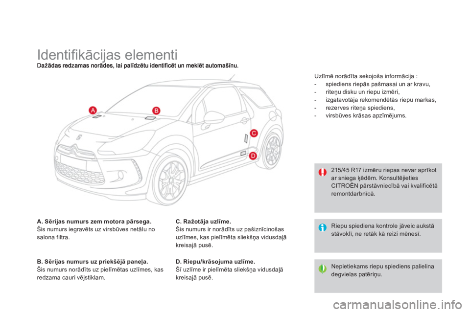 CITROEN DS3 CABRIO 2013  Lietošanas Instrukcija (in Latvian)    
 
 
 
 
 
 
 
 
 
 
 
 
 
 
 
 
Identiﬁ kācijas elementi 
A. Sērijas numurs zem motora pārsega.Šis numurs iegravēts uz virsbūves netālu nosalona filtra. 
B. Sērijas numurs uz priekšēj