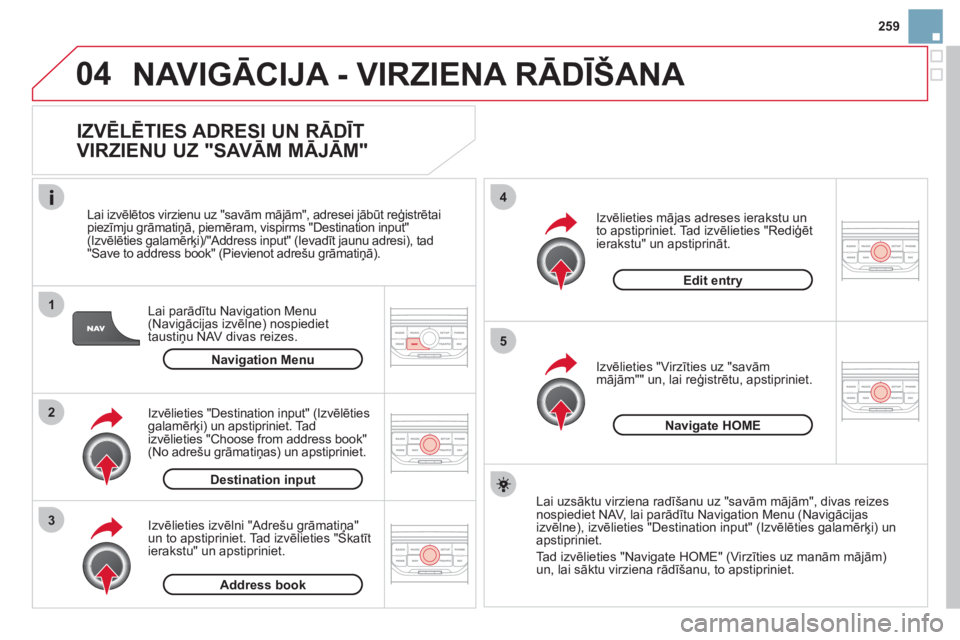 CITROEN DS3 CABRIO 2013 Lietošanas Instrukcija (in Latvian) 259
04
1
2
3
5
4
NAVIGĀCIJA - VIRZIENA RĀDĪŠANA
IZVĒLĒTIES ADRESI UN RĀDĪT
VIRZIENU UZ "SAVĀM MĀJĀM"
Lai parādītu Navigation Menu(Navigācijas izvēlne) nospiediet
taustiņu NAV div CITROEN DS3 CABRIO 2013 Lietošanas Instrukcija (in Latvian) 259
04
1
2
3
5
4
NAVIGĀCIJA - VIRZIENA RĀDĪŠANA
IZVĒLĒTIES ADRESI UN RĀDĪT
VIRZIENU UZ "SAVĀM MĀJĀM"
Lai parādītu Navigation Menu(Navigācijas izvēlne) nospiediet
taustiņu NAV div