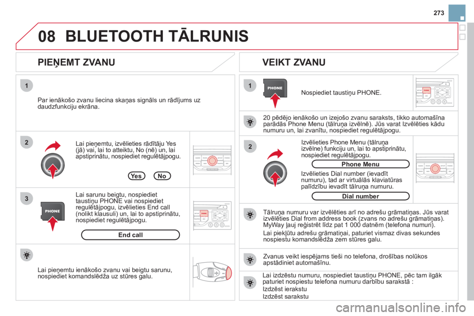 CITROEN DS3 CABRIO 2013  Lietošanas Instrukcija (in Latvian) 273
08
1
3 2
2 1Lai pieņemtu, izvēlieties rādītāju Yes (jā) vai, lai to atteiktu, No (nē) un, laiapstiprinātu, nospiediet regulētājpogu.
 
 
PIEŅEMT ZVANU    
VEIKT ZVANU 
 
 
Par ienākoš