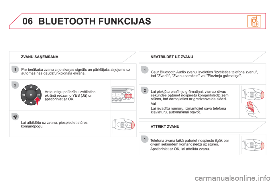 CITROEN DS3 CABRIO 2013  Lietošanas Instrukcija (in Latvian) 06
2
1
2
1
OK
   
ZVANU SAŅEMŠANA 
 
   
Par ienākošu zvanu ziņo skaņas si
gnāls un pārklājošs ziņojums uz automašīnas daudzfunkcionālā ekrāna.
   
Ar taustiņu palīdzību izvēlietie