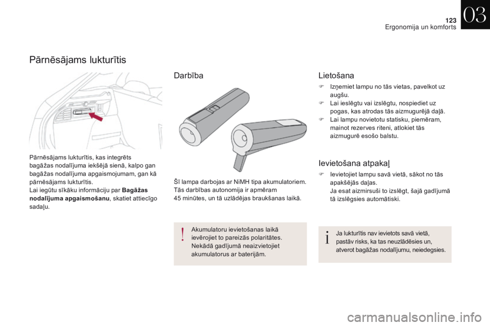 CITROEN DS4 2017  Lietošanas Instrukcija (in Latvian) 123
DS4_lv_Chap03_ergonomie-et-confort_ed01-2016
Pārnēsājams lukturītis, kas integrēts 
bagāžas nodalījuma iekšējā sienā, kalpo gan 
bagāžas nodalījuma apgaismojumam, gan kā 
pārnēs�