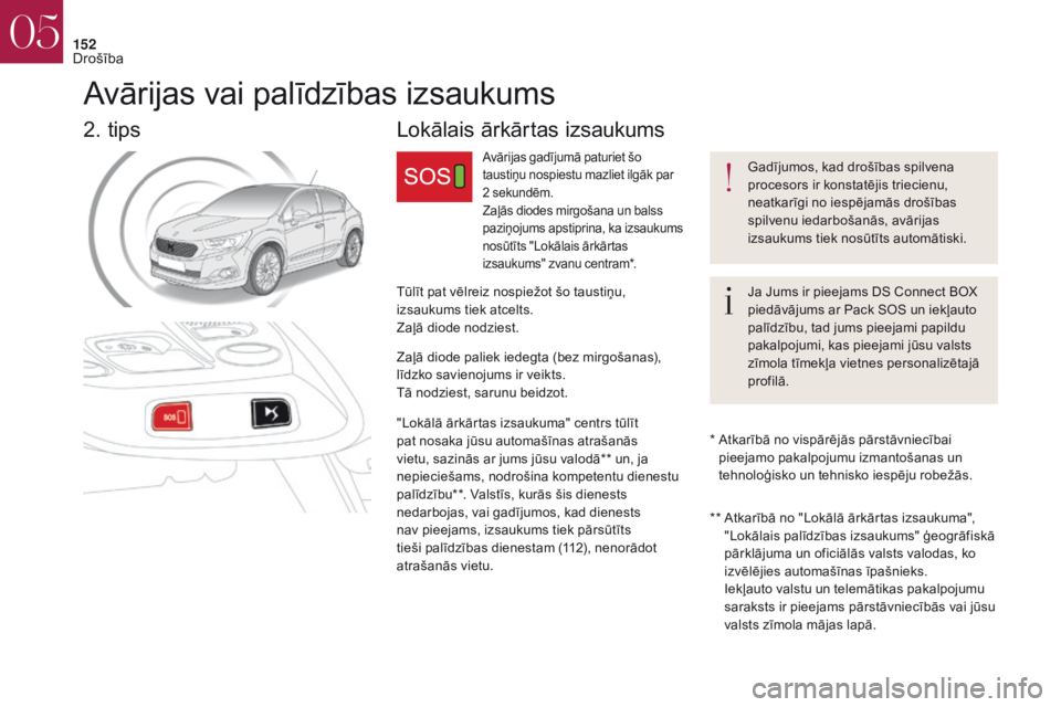 CITROEN DS4 2017 Lietošanas Instrukcija (in Latvian) 152
Gadījumos, kad drošības spilvena
procesors ir konstatējis triecienu,
neatkarīgi no iespējamās drošības
spilvenu iedarbošanās, avārijas
izsaukums tiek nosūtīts automātiski.
Ja Ju CITROEN DS4 2017 Lietošanas Instrukcija (in Latvian) 152
Gadījumos, kad drošības spilvena
procesors ir konstatējis triecienu,
neatkarīgi no iespējamās drošības
spilvenu iedarbošanās, avārijas
izsaukums tiek nosūtīts automātiski.
Ja Ju