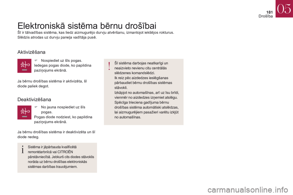 CITROEN DS4 2017 Lietošanas Instrukcija (in Latvian) 181
DS4_lv_Chap05_securite_ed01-2016
DS4_lv_Chap05_securite_ed01-2016
Elektroniskā sistēma bērnu drošībaiŠī ir tālvadības sistēma, kas liedz aizmugurējo durvju atvēršanu, izmantojot iekš CITROEN DS4 2017 Lietošanas Instrukcija (in Latvian) 181
DS4_lv_Chap05_securite_ed01-2016
DS4_lv_Chap05_securite_ed01-2016
Elektroniskā sistēma bērnu drošībaiŠī ir tālvadības sistēma, kas liedz aizmugurējo durvju atvēršanu, izmantojot iekš