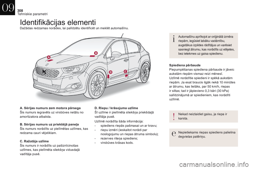 CITROEN DS4 2017 Lietošanas Instrukcija (in Latvian) 308
DS4_lv_Chap09_caracteristiques_ed01-2016
Identifikācijas elementiDažādas redzamas norādes, lai palīdzētu identificēt un meklēt automašīnu.
A. Sērijas numurs zem motora pārsega
Šis num CITROEN DS4 2017 Lietošanas Instrukcija (in Latvian) 308
DS4_lv_Chap09_caracteristiques_ed01-2016
Identifikācijas elementiDažādas redzamas norādes, lai palīdzētu identificēt un meklēt automašīnu.
A. Sērijas numurs zem motora pārsega
Šis num