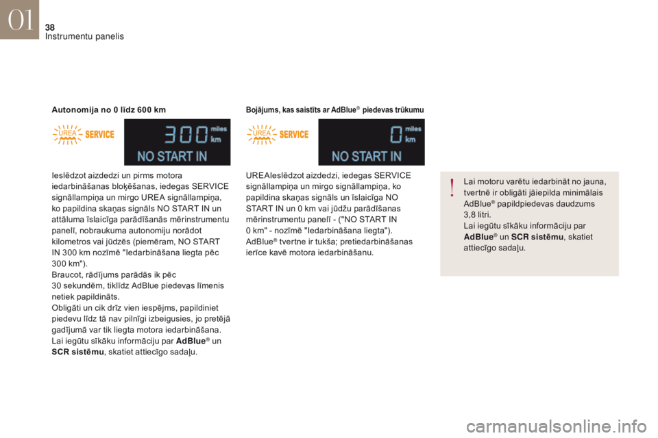 CITROEN DS4 2017 Lietošanas Instrukcija (in Latvian) 38
DS4_lv_Chap01_instruments-de-bord_ed01-2016
Ieslēdzot aizdedzi un pirms motora
iedarbināšanas bloķēšanas, iedegas SERVICE
signāllampiņa un mirgo UREA signāllampiņa,
ko papildina skaņa CITROEN DS4 2017 Lietošanas Instrukcija (in Latvian) 38
DS4_lv_Chap01_instruments-de-bord_ed01-2016
Ieslēdzot aizdedzi un pirms motora
iedarbināšanas bloķēšanas, iedegas SERVICE
signāllampiņa un mirgo UREA signāllampiņa,
ko papildina skaņa