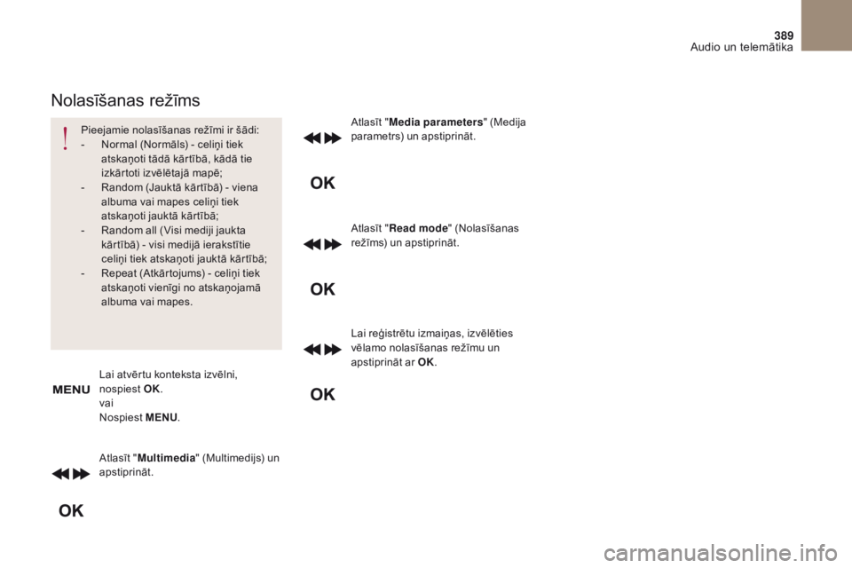 CITROEN DS4 2017 Lietošanas Instrukcija (in Latvian) 389
DS4_ lv_Chap10c _ RD5 _ed01-2016
Atlasīt "Multimedia " (Multimedijs) un
apstiprināt. Atlasīt "
Media parameters " (Medija
parametrs) un apstiprināt.
Atlasīt " Read mode CITROEN DS4 2017 Lietošanas Instrukcija (in Latvian) 389
DS4_ lv_Chap10c _ RD5 _ed01-2016
Atlasīt "Multimedia " (Multimedijs) un
apstiprināt. Atlasīt "
Media parameters " (Medija
parametrs) un apstiprināt.
Atlasīt " Read mode