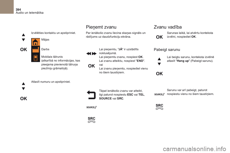 CITROEN DS4 2017 Lietošanas Instrukcija (in Latvian) 394
DS4_ lv_Chap10c _ RD5 _ed01-2016
Sarunas laikā, lai atvērtu konteksta
izvēlni, nospiediet OK.
Tāpat ienākošo zvanu var atteikt,
ilgi paturot nospiestu ESC vai TEL,
SOURCE vai SRC.
Izvē CITROEN DS4 2017 Lietošanas Instrukcija (in Latvian) 394
DS4_ lv_Chap10c _ RD5 _ed01-2016
Sarunas laikā, lai atvērtu konteksta
izvēlni, nospiediet OK.
Tāpat ienākošo zvanu var atteikt,
ilgi paturot nospiestu ESC vai TEL,
SOURCE vai SRC.
Izvē