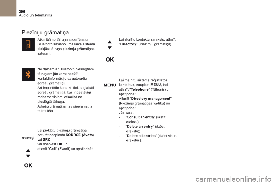 CITROEN DS4 2017 Lietošanas Instrukcija (in Latvian) 396
DS4_ lv_Chap10c _ RD5 _ed01-2016
Lai mainītu sistēmā reģistrētos
kontaktus, nospiest MENU, tad
atlasīt " Telephone " (Tālrunis) un
apstiprināt.
Atlasīt " Directory manageme CITROEN DS4 2017 Lietošanas Instrukcija (in Latvian) 396
DS4_ lv_Chap10c _ RD5 _ed01-2016
Lai mainītu sistēmā reģistrētos
kontaktus, nospiest MENU, tad
atlasīt " Telephone " (Tālrunis) un
apstiprināt.
Atlasīt " Directory manageme