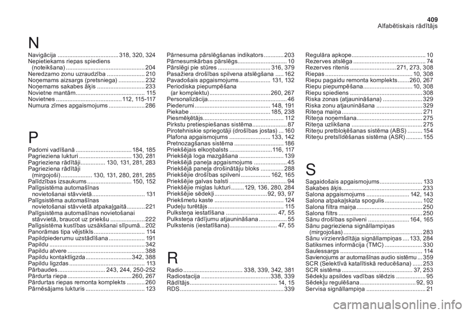 CITROEN DS4 2017 Lietošanas Instrukcija (in Latvian) 409
Alfabētiskais rādītājs
DS4_lv_Chap11_index-alpha_ed01-2016
Navigācija ..................................... 31 8, 320, 324
Nepietiekams riepas spiediens
(noteikšana)
.................... CITROEN DS4 2017 Lietošanas Instrukcija (in Latvian) 409
Alfabētiskais rādītājs
DS4_lv_Chap11_index-alpha_ed01-2016
Navigācija ..................................... 31 8, 320, 324
Nepietiekams riepas spiediens
(noteikšana)
....................