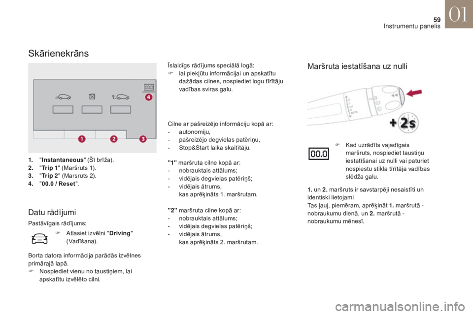 CITROEN DS4 2017 Lietošanas Instrukcija (in Latvian) 59
DS4_lv_Chap01_instruments-de-bord_ed01-2016
Skārienekrāns
Datu rādījumi
Pastāvīgais rādījums:Īslaicīgs rādījums speciālā logā:
F
la
i piekļūtu informācijai un apskatītu
dažā CITROEN DS4 2017 Lietošanas Instrukcija (in Latvian) 59
DS4_lv_Chap01_instruments-de-bord_ed01-2016
Skārienekrāns
Datu rādījumi
Pastāvīgais rādījums:Īslaicīgs rādījums speciālā logā:
F
la
i piekļūtu informācijai un apskatītu
dažā