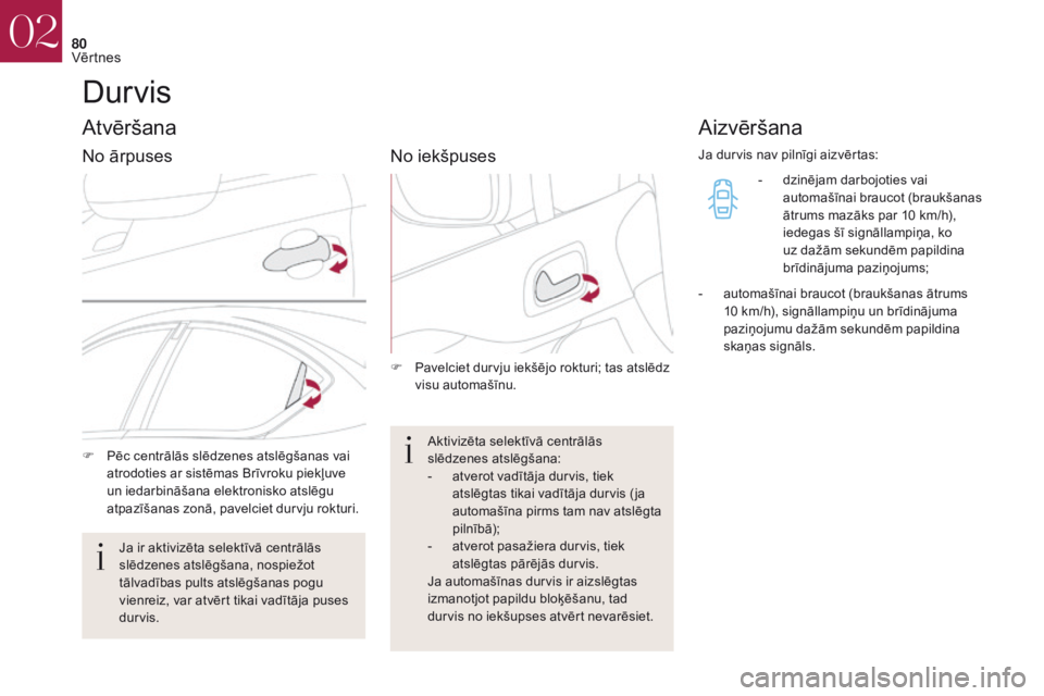 CITROEN DS4 2017 Lietošanas Instrukcija (in Latvian) 80
DS4_lv_Chap02_ouvertures_ed01-2016
Durvis
Atvēršana
F Pēc centrālās slēdzenes atslēgšanas vai
atrodoties ar sistēmas Brīvroku piekļuve
un iedarbināšana elektronisko atslēgu
atpazī CITROEN DS4 2017 Lietošanas Instrukcija (in Latvian) 80
DS4_lv_Chap02_ouvertures_ed01-2016
Durvis
Atvēršana
F Pēc centrālās slēdzenes atslēgšanas vai
atrodoties ar sistēmas Brīvroku piekļuve
un iedarbināšana elektronisko atslēgu
atpazī