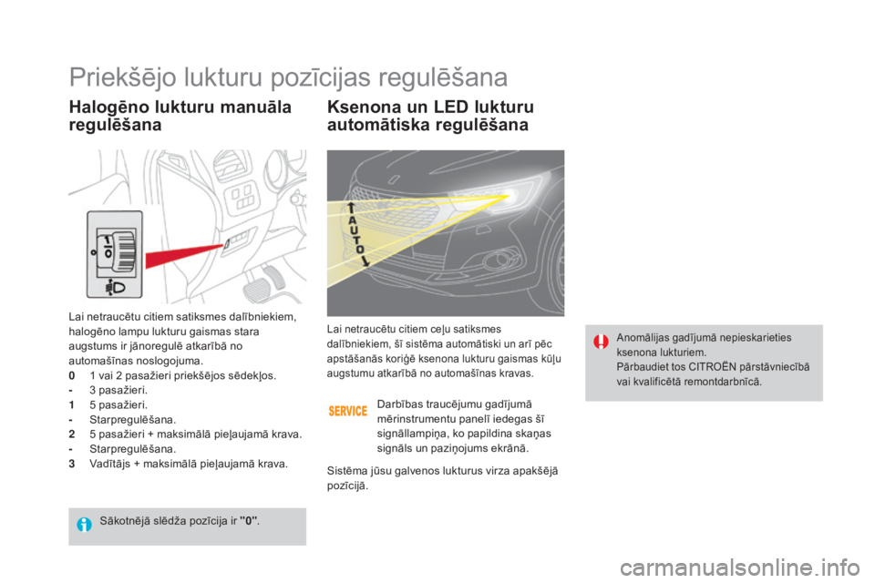 CITROEN DS4 2016  Lietošanas Instrukcija (in Latvian) DS4_lv_Chap05_visibilite_ed03-2015
Ksenona un LED lukturu 
automātiska regulēšana
Anomālijas gadījumā nepieskarieties 
ksenona lukturiem.
Pārbaudiet tos CITROËN pārstāvniecībā 
vai kvalifi
