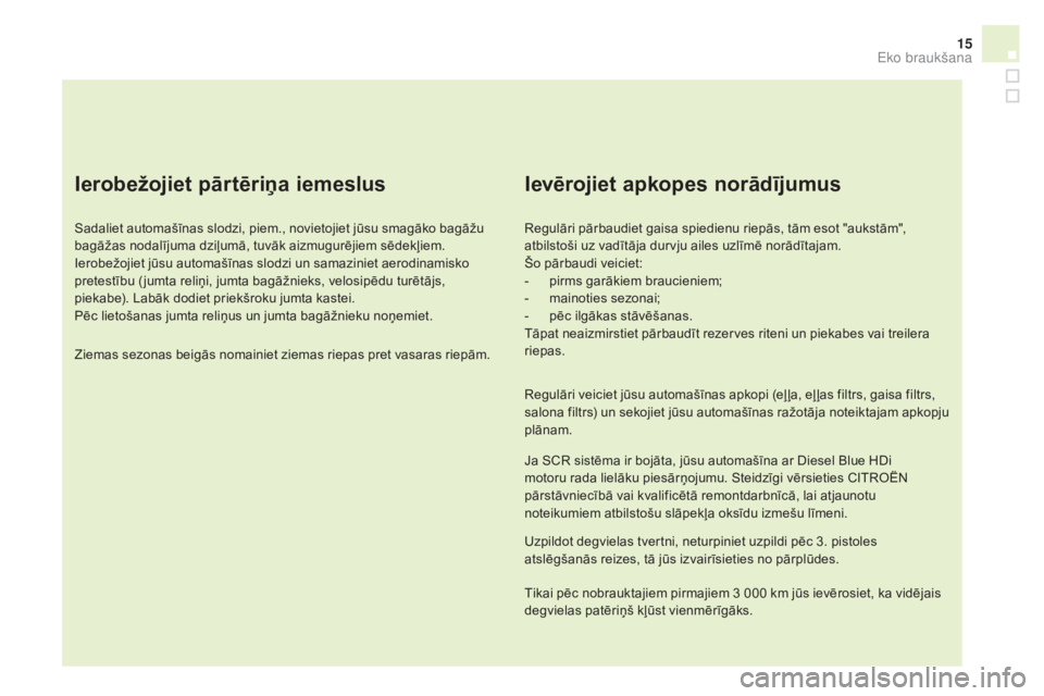 CITROEN DS4 2016  Lietošanas Instrukcija (in Latvian) 15
DS4_lv_Chap00c_eco-conduite_ed03-2015
ierobežojiet pārtēriņa iemeslus
Sadaliet automašīnas slodzi, piem., novietojiet jūsu smagāko bagāžu 
bagāžas nodalījuma dziļumā, tuvāk aizmugur