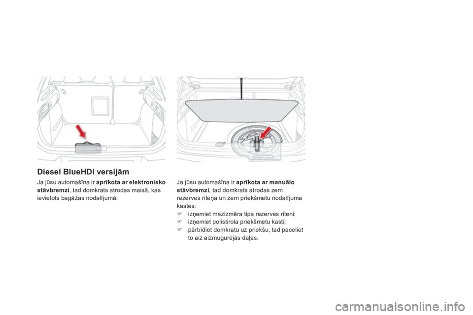 CITROEN DS4 2016 Lietošanas Instrukcija (in Latvian) DS4_lv_Chap09_info-pratiques_ed03-2015
Diesel BlueHDi versijām
Ja jūsu automašīna ir aprīkota ar manuālo
stāvbremzi, tad domkrats atrodas zem
rezerves riteņa un zem priekšmetu nodalījuma
CITROEN DS4 2016 Lietošanas Instrukcija (in Latvian) DS4_lv_Chap09_info-pratiques_ed03-2015
Diesel BlueHDi versijām
Ja jūsu automašīna ir aprīkota ar manuālo
stāvbremzi, tad domkrats atrodas zem
rezerves riteņa un zem priekšmetu nodalījuma