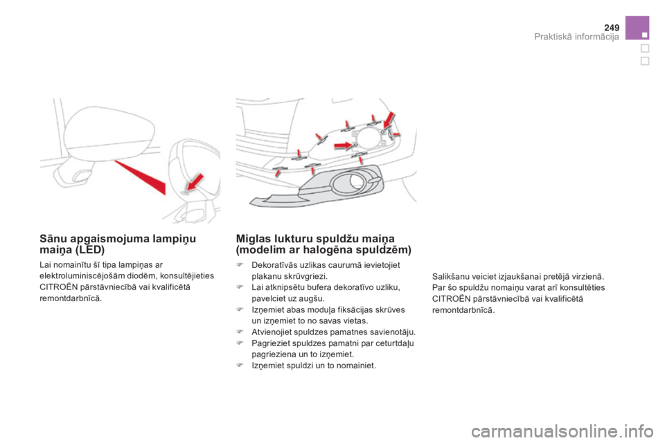 CITROEN DS4 2016 Lietošanas Instrukcija (in Latvian) 249
DS4_lv_Chap09_info-pratiques_ed03-2015
Sānu apgaismojuma lampiņu
maiņa (LED)
Lai nomainītu šī tipa lampiņas ar
elektroluminiscējošām diodēm, konsultējieties
CITROËN pārstāvniecī CITROEN DS4 2016 Lietošanas Instrukcija (in Latvian) 249
DS4_lv_Chap09_info-pratiques_ed03-2015
Sānu apgaismojuma lampiņu
maiņa (LED)
Lai nomainītu šī tipa lampiņas ar
elektroluminiscējošām diodēm, konsultējieties
CITROËN pārstāvniecī