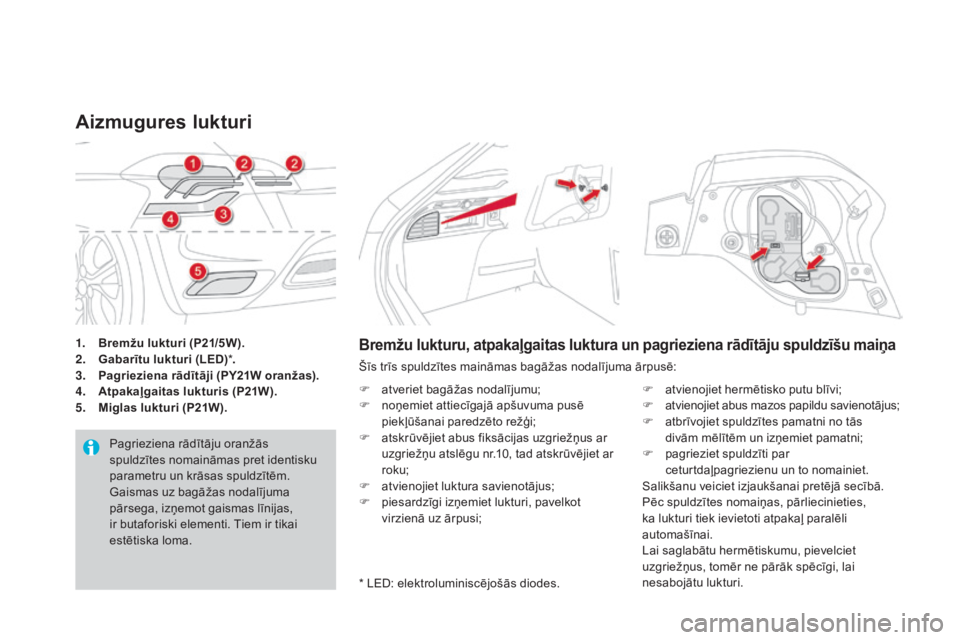 CITROEN DS4 2016 Lietošanas Instrukcija (in Latvian) DS4_lv_Chap09_info-pratiques_ed03-2015
1. Bremžu lukturi (P21/5W).
2. Gabarītu lukturi ( LED)* .
3.
P
agrieziena rādītāji (PY21W oranžas).
4.
A
tpakaļgaitas lukturis (P21W).
5.
mi
glas l CITROEN DS4 2016 Lietošanas Instrukcija (in Latvian) DS4_lv_Chap09_info-pratiques_ed03-2015
1. Bremžu lukturi (P21/5W).
2. Gabarītu lukturi ( LED)* .
3.
P
agrieziena rādītāji (PY21W oranžas).
4.
A
tpakaļgaitas lukturis (P21W).
5.
mi
glas l