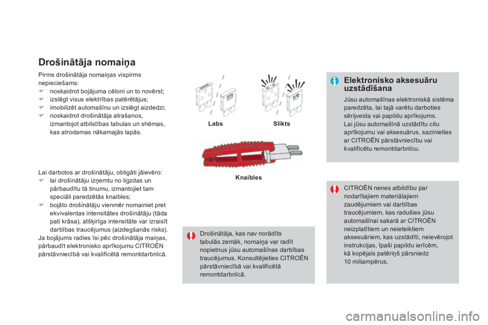 CITROEN DS4 2016 Lietošanas Instrukcija (in Latvian) DS4_lv_Chap09_info-pratiques_ed03-2015
Elektronisko aksesuāru
uzstādīšana
Jūsu automašīnas elektroniskā sistēma
paredzēta, lai tajā varētu darboties
sērijveida vai papildu aprīkojums. CITROEN DS4 2016 Lietošanas Instrukcija (in Latvian) DS4_lv_Chap09_info-pratiques_ed03-2015
Elektronisko aksesuāru
uzstādīšana
Jūsu automašīnas elektroniskā sistēma
paredzēta, lai tajā varētu darboties
sērijveida vai papildu aprīkojums.