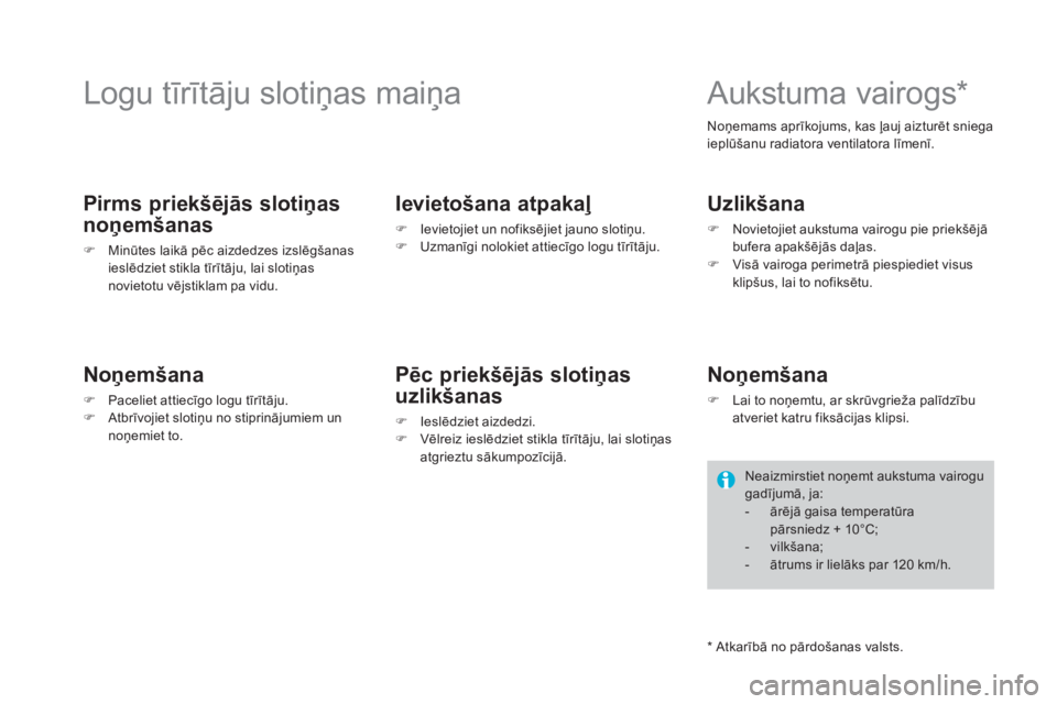 CITROEN DS4 2016 Lietošanas Instrukcija (in Latvian) DS4_lv_Chap09_info-pratiques_ed03-2015
Logu tīrītāju slotiņas maiņa
Pirms priekšējās slotiņas
noņemšanas
F Minūtes laikā pēc aizdedzes izslēgšanas ieslēdziet stikla tīrītāju, lai CITROEN DS4 2016 Lietošanas Instrukcija (in Latvian) DS4_lv_Chap09_info-pratiques_ed03-2015
Logu tīrītāju slotiņas maiņa
Pirms priekšējās slotiņas
noņemšanas
F Minūtes laikā pēc aizdedzes izslēgšanas ieslēdziet stikla tīrītāju, lai