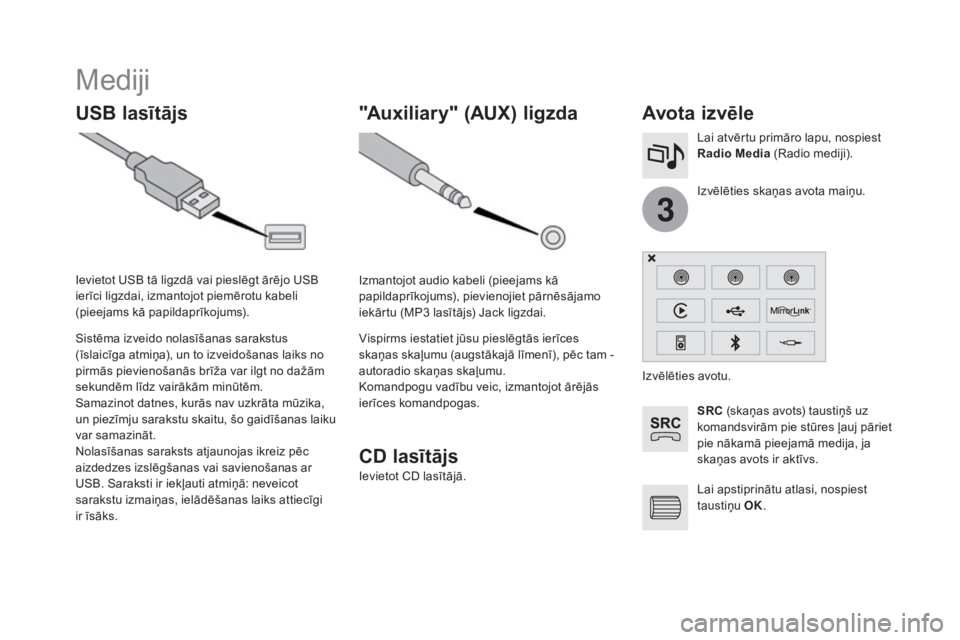 CITROEN DS4 2016 Lietošanas Instrukcija (in Latvian) 3
DS4_lv_Chap12c_SMEGplus_ed03-2015
Mediji
uSB lasītājsAvota iz vēle
SRC (skaņas avots) taustiņš uz
komandsvirām pie stūres ļauj pāriet
pie nākamā pieejamā medija, ja
skaņas avots ir CITROEN DS4 2016 Lietošanas Instrukcija (in Latvian) 3
DS4_lv_Chap12c_SMEGplus_ed03-2015
Mediji
uSB lasītājsAvota iz vēle
SRC (skaņas avots) taustiņš uz
komandsvirām pie stūres ļauj pāriet
pie nākamā pieejamā medija, ja
skaņas avots ir