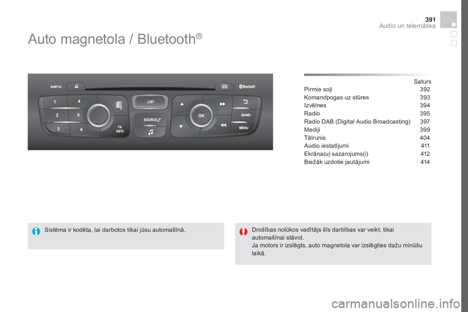 CITROEN DS4 2016 Lietošanas Instrukcija (in Latvian) 391
DS4_lv_Chap12d_RD5_ed03-2015
Auto magnetola / Bluetooth®
Saturs
Pirmie soļi
3 92
Komandpogas uz stūres
3
93
Izvēlnes
3
94
Radio
3
95
Radio DAB (Digital Audio Broadcasting)
3
97
Me CITROEN DS4 2016 Lietošanas Instrukcija (in Latvian) 391
DS4_lv_Chap12d_RD5_ed03-2015
Auto magnetola / Bluetooth®
Saturs
Pirmie soļi
3 92
Komandpogas uz stūres
3
93
Izvēlnes
3
94
Radio
3
95
Radio DAB (Digital Audio Broadcasting)
3
97
Me