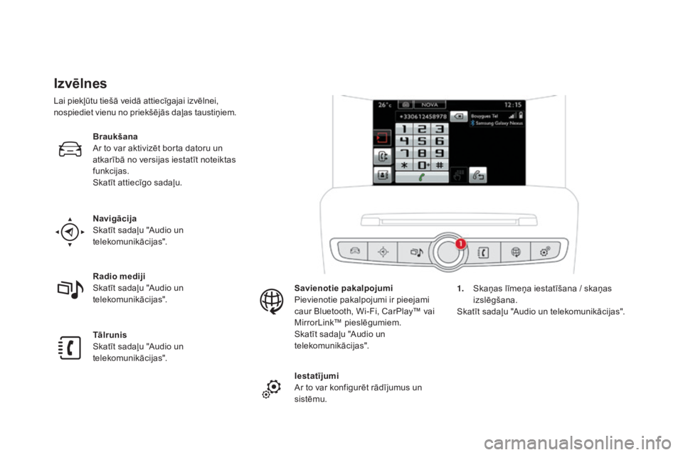 CITROEN DS4 2016  Lietošanas Instrukcija (in Latvian) DS4_lv_Chap01_controle-de-marche_ed03-2015
izvēlnes
Navigācija
Skatīt sadaļu "Audio un 
telekomunikācijas".
Tālrunis
Skatīt sadaļu "Audio un 
telekomunikācijas". Radio mediji

