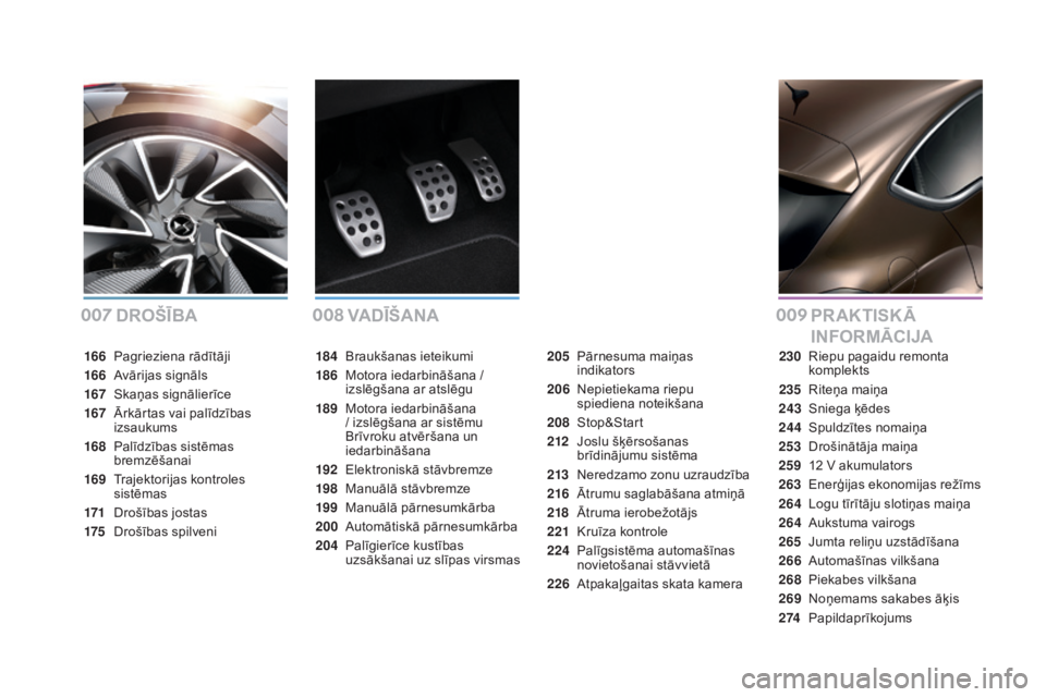 CITROEN DS4 2016 Lietošanas Instrukcija (in Latvian) ds4_lv_chap00a_sommaire_ed03-2015
DROšĪBAVA DĪšA N A PR AKTiS K Ā
iN
FOR
mĀ
C
iJA
184 Braukšanas ieteikumi
186
M
otora iedarbināšana /
izslēgšana ar atslēgu
189
M
otora iedarbinā CITROEN DS4 2016 Lietošanas Instrukcija (in Latvian) ds4_lv_chap00a_sommaire_ed03-2015
DROšĪBAVA DĪšA N A PR AKTiS K Ā
iN
FOR
mĀ
C
iJA
184 Braukšanas ieteikumi
186
M
otora iedarbināšana /
izslēgšana ar atslēgu
189
M
otora iedarbinā