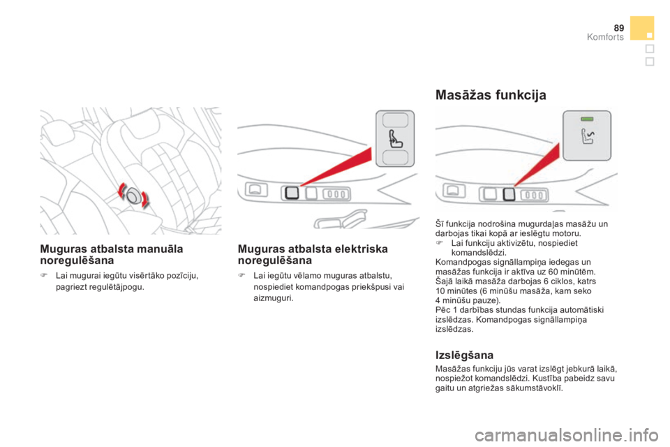 CITROEN DS4 2016  Lietošanas Instrukcija (in Latvian) 89
DS4_lv_Chap03_confort_ed03-2015
muguras atbalsta manuāla 
noregulēšana
F Lai mugurai iegūtu visērtāko pozīciju, pagriezt regulētājpogu.
muguras atbalsta elektriska 
noregulēšana
F Lai ie