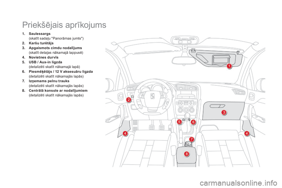 CITROEN DS4 2015  Lietošanas Instrukcija (in Latvian) DS4_lv_Chap04_amenagement_ed02-2015
Priekšējais aprīkojums
1. Saulessargs  (
skatīt sadaļu "Panorāmas jumts")
2.
 K

aršu turētājs
3.
 A

pgaismots cimdu nodalījums  
 (

skatīt det