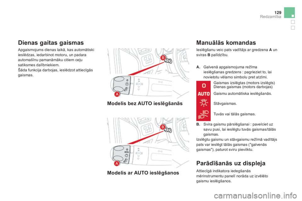 CITROEN DS4 2015 Lietošanas Instrukcija (in Latvian) 129
DS4_lv_Chap05_visibilite_ed02-2015
modelis bez AuTO ieslēgšanās
mo
delis ar A
u
TO ieslēgšanos
manuālās komandas
Ieslēgšanu veic pats vadītājs ar gredzena A un
sviras B palīdzību.G CITROEN DS4 2015 Lietošanas Instrukcija (in Latvian) 129
DS4_lv_Chap05_visibilite_ed02-2015
modelis bez AuTO ieslēgšanās
mo
delis ar A
u
TO ieslēgšanos
manuālās komandas
Ieslēgšanu veic pats vadītājs ar gredzena A un
sviras B palīdzību.G