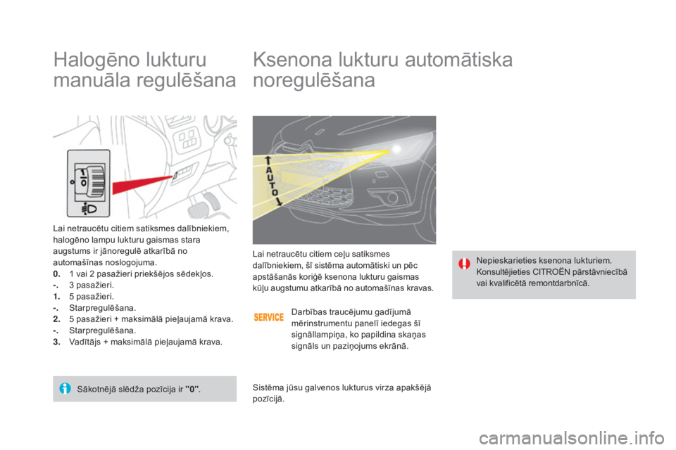 CITROEN DS4 2015 Lietošanas Instrukcija (in Latvian) DS4_lv_Chap05_visibilite_ed02-2015
Ksenona lukturu automātiska
noregulēšana
Nepieskarieties ksenona lukturiem.
Konsultējieties CITROËN pārstāvniecībā
vai kvalificētā remontdarbnīcā.
Lai CITROEN DS4 2015 Lietošanas Instrukcija (in Latvian) DS4_lv_Chap05_visibilite_ed02-2015
Ksenona lukturu automātiska
noregulēšana
Nepieskarieties ksenona lukturiem.
Konsultējieties CITROËN pārstāvniecībā
vai kvalificētā remontdarbnīcā.
Lai