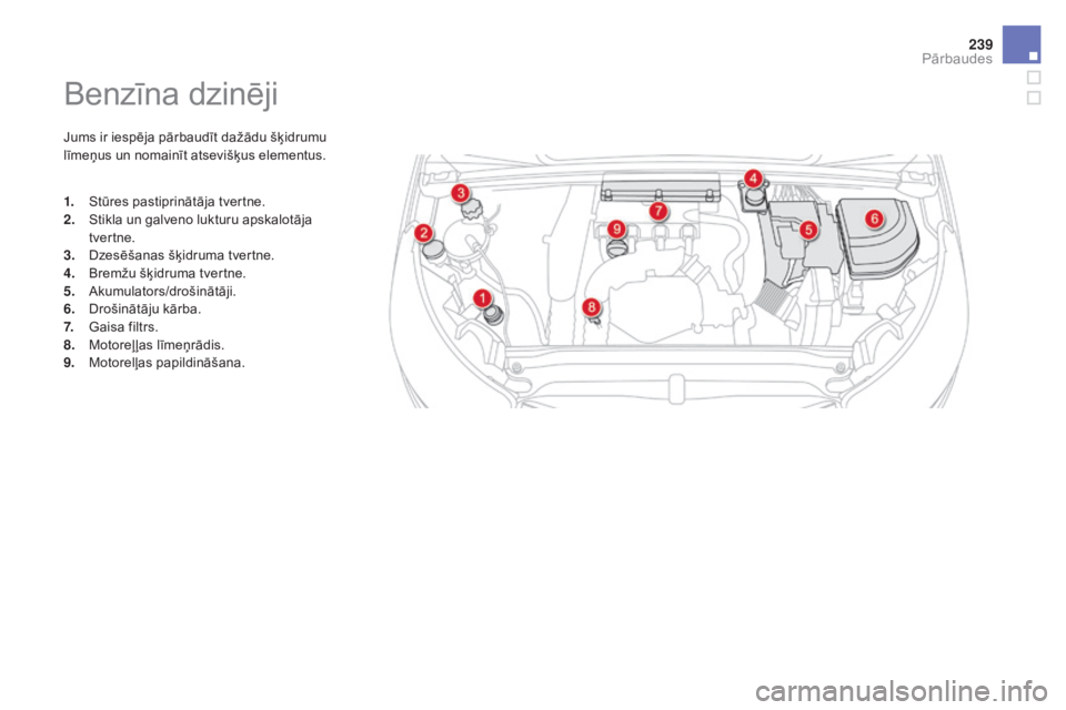 CITROEN DS4 2015 Lietošanas Instrukcija (in Latvian) 239
DS4_lv_Chap09_verifications_ed02-2015
Benzīna dzinēji
Jums ir iespēja pārbaudīt dažādu šķidrumu
līmeņus un nomainīt atsevišķus elementus.
1.
S
tūres pastiprinātāja tvertne.
2.
CITROEN DS4 2015 Lietošanas Instrukcija (in Latvian) 239
DS4_lv_Chap09_verifications_ed02-2015
Benzīna dzinēji
Jums ir iespēja pārbaudīt dažādu šķidrumu
līmeņus un nomainīt atsevišķus elementus.
1.
S
tūres pastiprinātāja tvertne.
2.