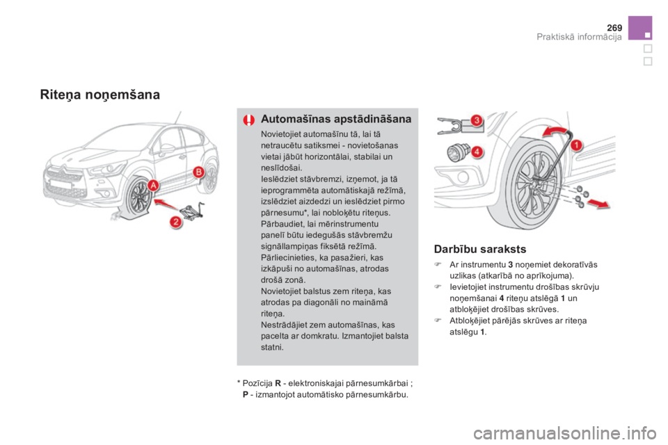 CITROEN DS4 2015 Lietošanas Instrukcija (in Latvian) 269
DS4_lv_Chap10_info-pratiques_ed02-2015
Riteņa noņemšana
Automašīnas apstādināšana
Novietojiet automašīnu tā, lai tā
netraucētu satiksmei - novietošanas
vietai jābūt horizontālai CITROEN DS4 2015 Lietošanas Instrukcija (in Latvian) 269
DS4_lv_Chap10_info-pratiques_ed02-2015
Riteņa noņemšana
Automašīnas apstādināšana
Novietojiet automašīnu tā, lai tā
netraucētu satiksmei - novietošanas
vietai jābūt horizontālai