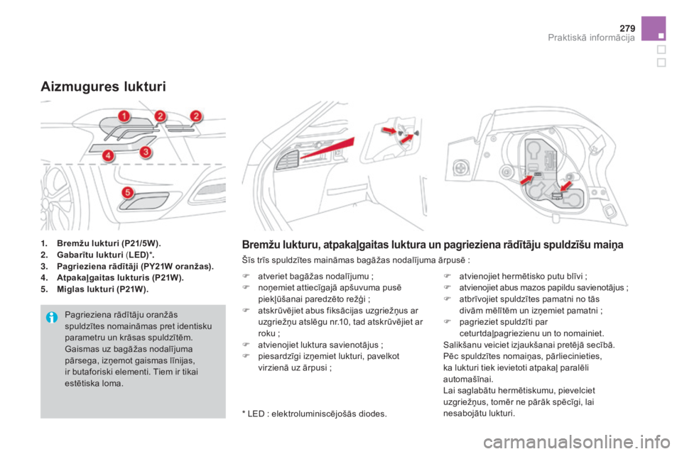 CITROEN DS4 2015  Lietošanas Instrukcija (in Latvian) 279
DS4_lv_Chap10_info-pratiques_ed02-2015
1. Bremžu lukturi (P21/5W).
2. Gabarītu lukturi ( LED)* .
3.
 P

agrieziena rādītāji (PY21W oranžas).
4.
 A

tpakaļgaitas lukturis (P21W).
5.
  mi

gl