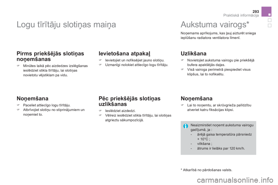 CITROEN DS4 2015 Lietošanas Instrukcija (in Latvian) 293
DS4_lv_Chap10_info-pratiques_ed02-2015
Logu tīrītāju slotiņas maiņa
Pirms priekšējās slotiņas
noņemšanas
F Minūtes laikā pēc aizdedzes izslēgšanas ieslēdziet stikla tīrītāju, CITROEN DS4 2015 Lietošanas Instrukcija (in Latvian) 293
DS4_lv_Chap10_info-pratiques_ed02-2015
Logu tīrītāju slotiņas maiņa
Pirms priekšējās slotiņas
noņemšanas
F Minūtes laikā pēc aizdedzes izslēgšanas ieslēdziet stikla tīrītāju,