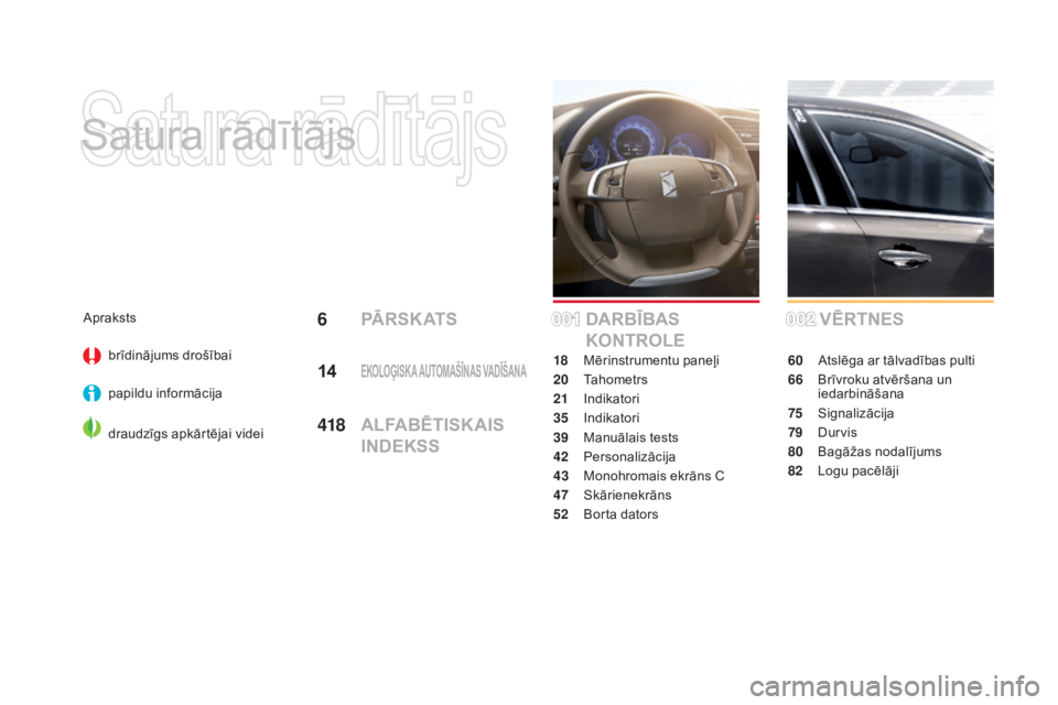 CITROEN DS4 2015 Lietošanas Instrukcija (in Latvian) DS4_lv_Chap00a_sommaire_ed02-2015
Satura rādītājs
VĒRTNES
60 Atslēga ar tālvadības pulti
66
B
rīvroku atvēršana un
iedarbināšana
75
S
ignalizācija
79
D
urvis
80
B
agāžas nodalī CITROEN DS4 2015 Lietošanas Instrukcija (in Latvian) DS4_lv_Chap00a_sommaire_ed02-2015
Satura rādītājs
VĒRTNES
60 Atslēga ar tālvadības pulti
66
B
rīvroku atvēršana un
iedarbināšana
75
S
ignalizācija
79
D
urvis
80
B
agāžas nodalī